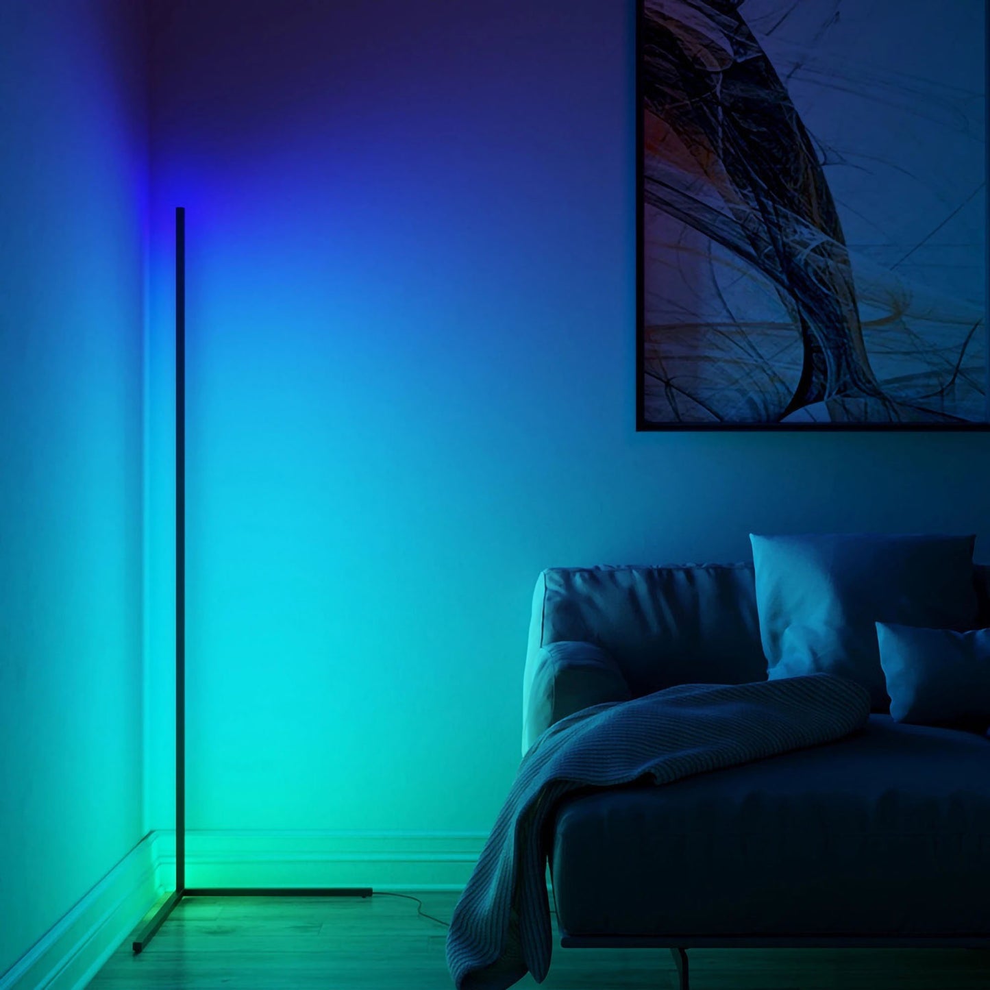 Modern bedroom with a floor lamp emitting blue light, creating a calming atmosphere.